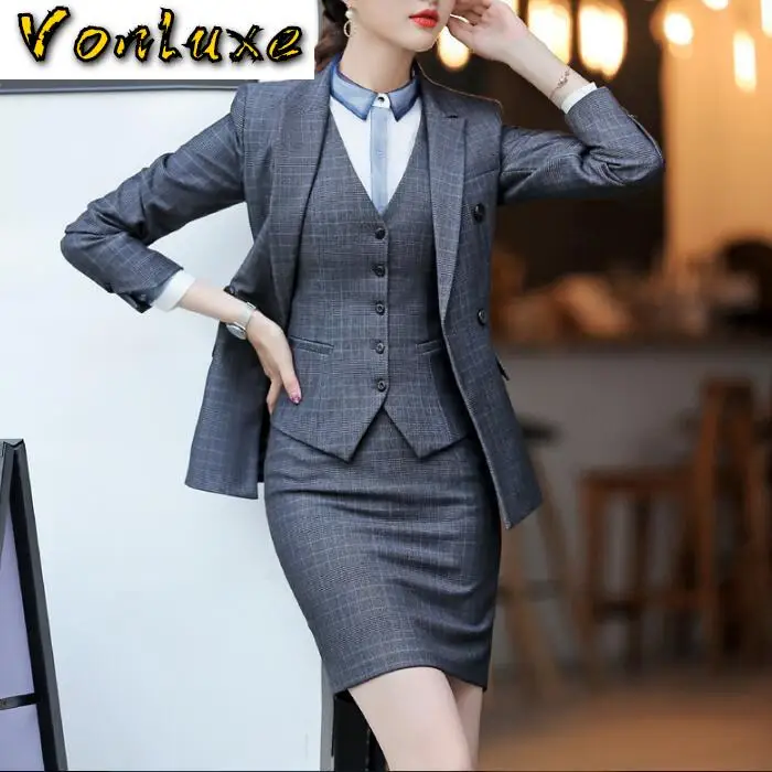 Мини-юбка костюмы для женщин двубортная одежда в клетку Блейзер пиджак жилет 3