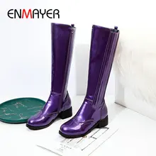 ENMAYER/ г. Модные крутые мотоциклетные сапоги с круглым носком зимние сапоги на квадратном каблуке женские сапоги до колена из лакированной кожи размер 34-43
