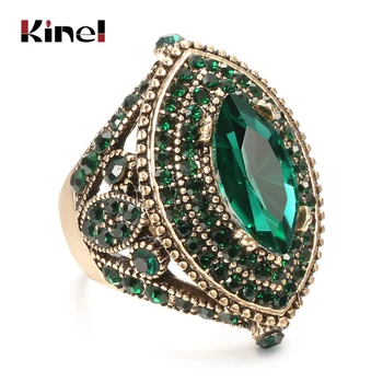 

Kinel Luxury Antique Ring For Women Vintage Look AAA Green Crystal Boho Jewelry Gold Color Charm Ethnic Wedding Ring