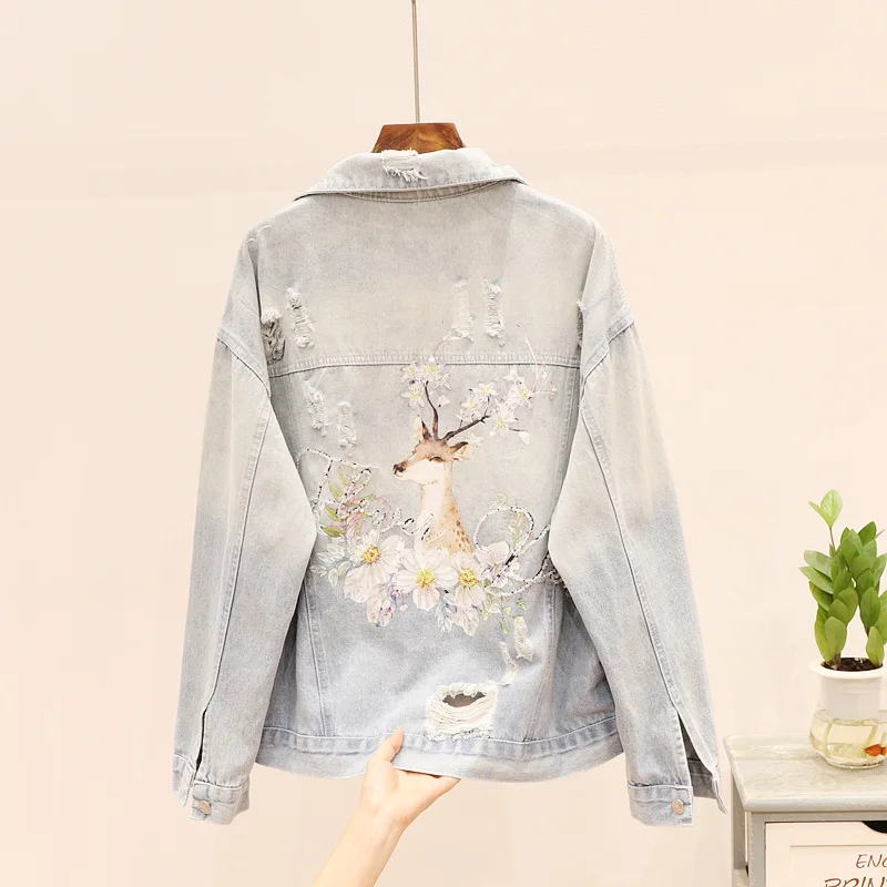 

Harajuku Denim Jean Jacket for Women Streetwear New Heavy Beaded Printing Deer Ripped Denim Jackets Women Loose Jacket Coat