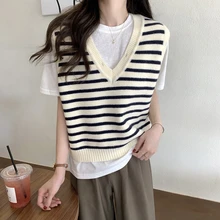 

Stripe Sweater Vest Women 2021 Fashion Oversized Striped Knitted Vest Sweaters Vintage V Neck Sleeveless Female Waistcoat Tops