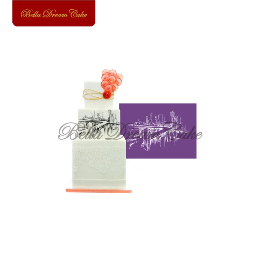 

Modern City Pattern Cake Stencils Mesh Stencil Lace Cake Fabric Stencil for Wedding Cake Mould Cake Decorating Tool Bakeware