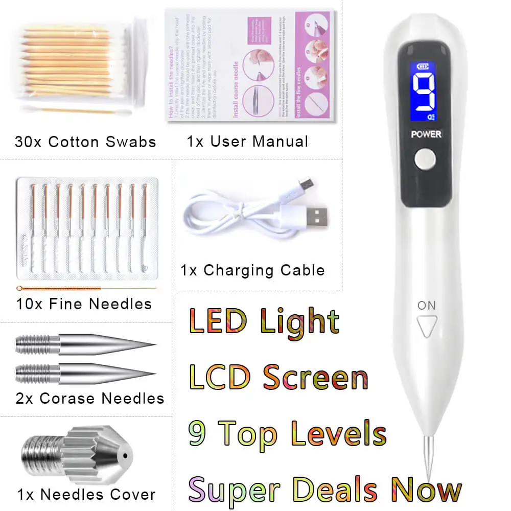 

LCD Face Skin Dark Spot Remover 9 Level Mole Tattoo Removal Laser Plasma Pen Freckle Tag Wart Removal Beauty Care Instrument