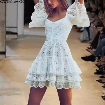 

2019 New Solid Color Hollow Out Cotton Square Collar Short Sleeve High Waist Irregular Sweet Ruffles Lace Mini Dress Female