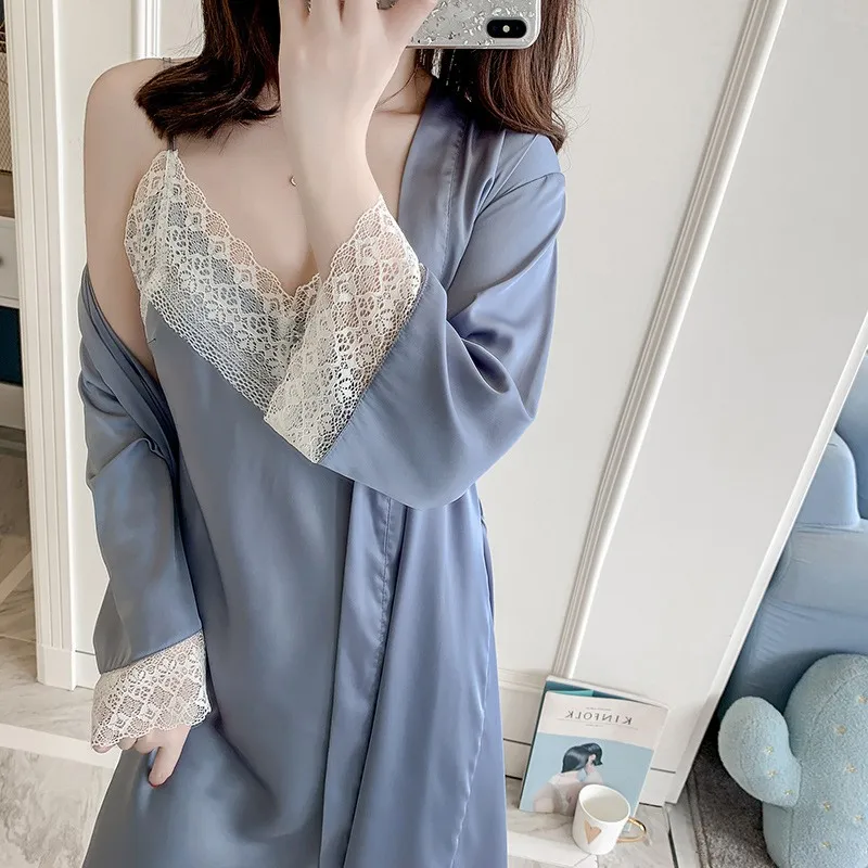 2 шт. Ночная одежда для женщин платье кружево атлас нижнее белье Babydoll ночная рубашка сексуальная Femme халат леди комплект