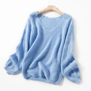 

Hollow out V-neck women sweater mohair long sleeve knitted sweater pullover Knitwear 2020 spring new