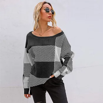 

Womens casual check pattern round neck strapless sweater top