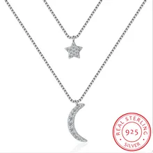 Двухслойные циркония Луна Звезда 925 стерлингового серебра ожерелья для женщин короткая цепь чокер подарок S-N389
