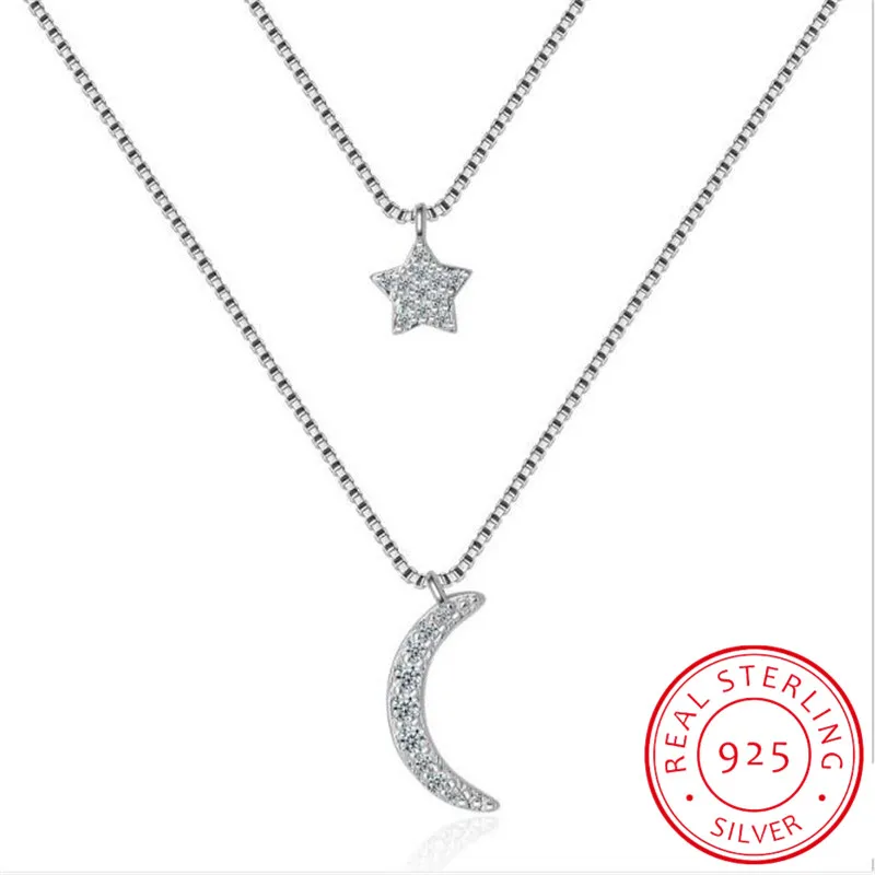 

Double-layer Zirconia Moon Star 925 Sterling Silver Necklaces For Women Short Chain Choker Gift S-N389