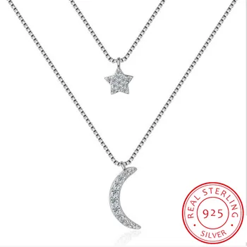 

Double-layer Zirconia Moon Star 925 Sterling Silver Necklaces For Women Short Chain Choker de prata Gift S-N389