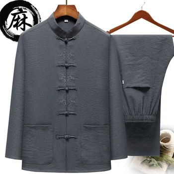 

2020 cotton linen two sided traditional chinese outfit tang suit long sleeve hanfu top kung fu coat+pants uniform for men