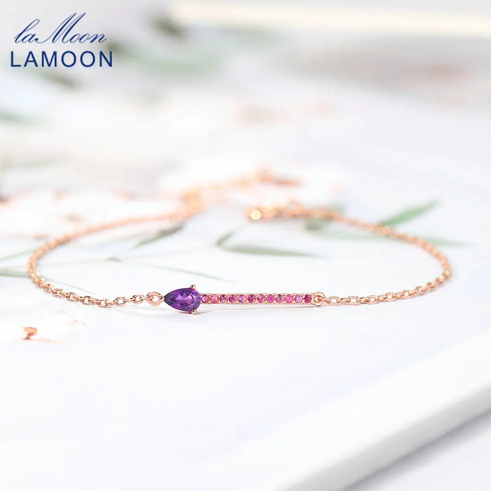 LAMOON 925 Silver Elegant Bracelet For Women Water Drop Natural Amethyst Gemstone 18K Rose Gold Plated Fine Jewelry LMHI049