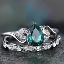 Milangirl 2 Piece Set / Ladies Luxury Green Crystal Ring Ladies Charm   Zircon Engagement Ring Jewelry