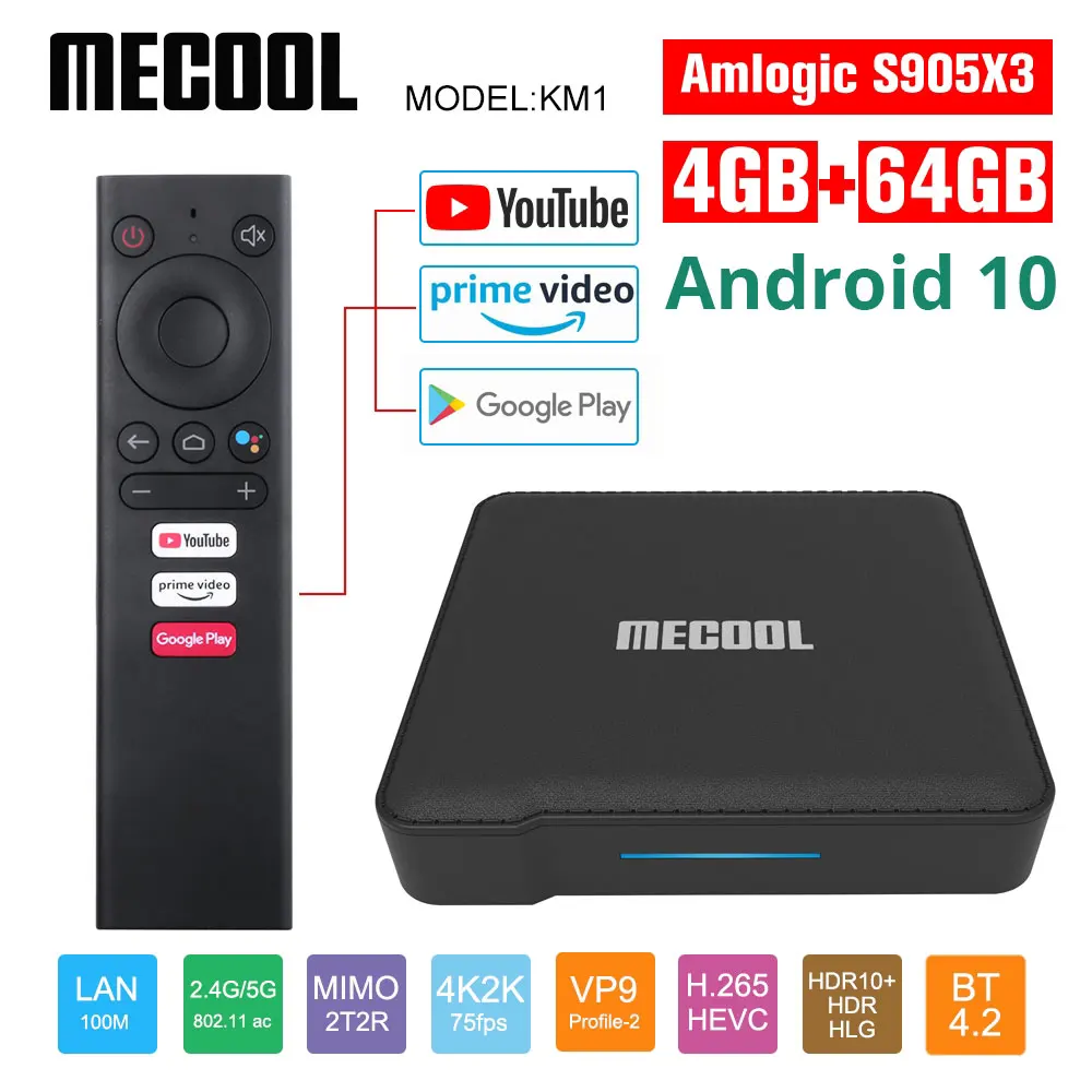 Mecool Google Сертифицированный KM1 Andriod 10 0 4G 64G Amlogic S905X3 A TV box Dual Wifi 4K Voice Android tv Youtube smart