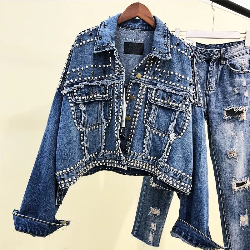 Kaufen Gagarich Herbst Frauen Harajuku Rot Denim Jacke Mantel Schwere Hand Perlen Niet Kurze Schwarze Jeans Jacke Studenten Grund Mäntel Outfit