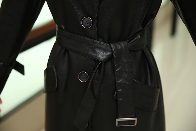 Женская куртка из искусственной кожи с поясом Новая женская вентиляционная промытая искусственная кожа тренчи Женская ветровка длинная верхняя одежда