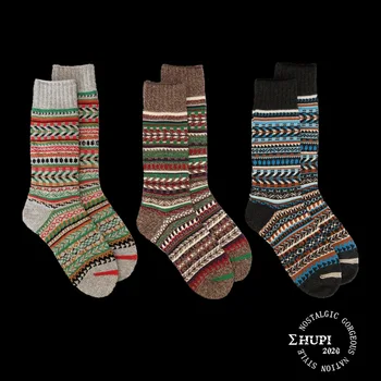 

Creative Men Sock Striped Men's Thick Socks Patchwork Unisex Gray Casual Crew Sox Adult Nations Wind Cotton Vintag Winter Sokken