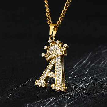 

Crown Crystal Zircon A-Z Letter Necklace For Woman Delicate Chain Jewelry Stainless Steel Golden Men's Necklaces Accessories