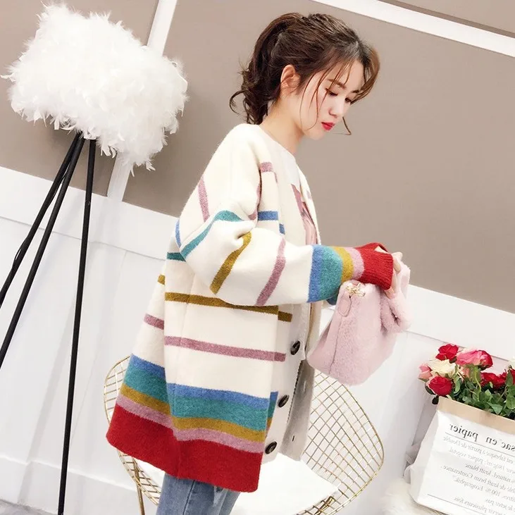 Autumn New Style Multi-color Stripe Sweater Large Size WOMEN'S Cardigan Sweater WOMEN'S Coat Versatile Mixed Colors Korean