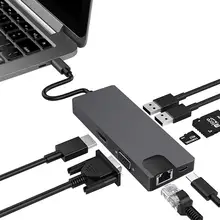 8 в 1 USB C концентратор адаптер USB C к HDMI USB 3,0*2 концентратор кард-ридер док-станция с гигабитной сетевой картой поддержка гигабит