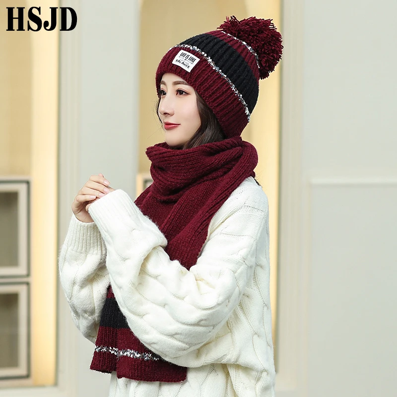 New Women Knitted Hat Scarf Set Brand Winter Cap Thickening Warm Knit Beanies Pompom Hats Female Two color Knit Bonnet Caps