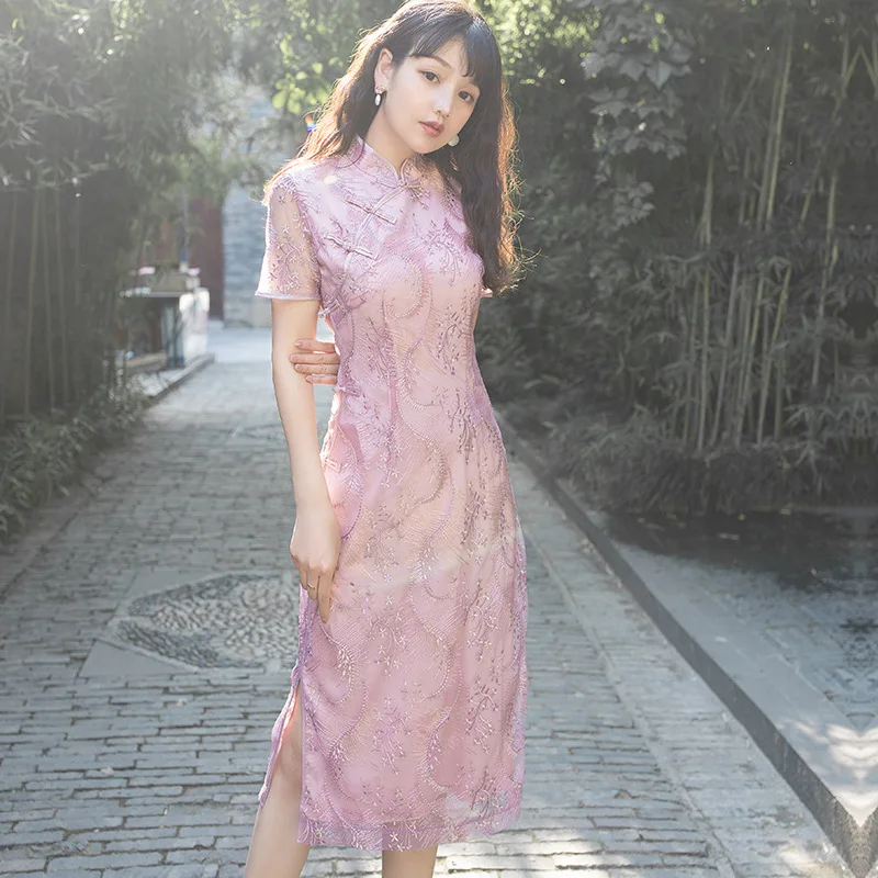 

Photo Shoot 2019 New Style Modified Cheongsam Medium-length nian qing kuan Retro Dress Women's
