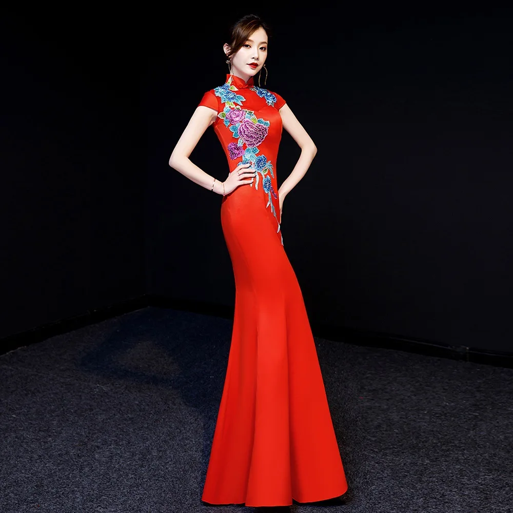Благородные Русалка Леди Qipao сверкающие бусины Cheongsam винтаж Embroidrey цветок вечернее платье плюс размер 3XL Vestidos De Festa
