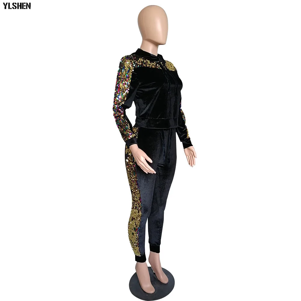 2 Two Piece Set Velvet Tracksuit Women Sexy Sequins Jogging Femme Plus Size Long Sleeve Tops +Pants Sweat Suits Matching Sets 16