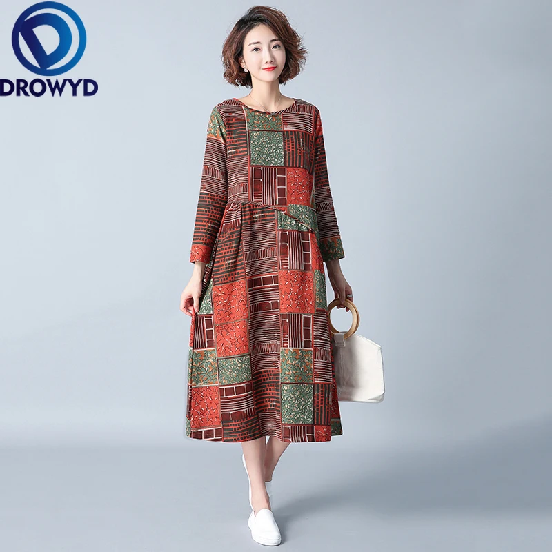 

Cotton Printed Midi Dress for Women Autumn Casual Boho Loose Long Sleeve O-neck Large Size Dress Elegant Party Dresses Vestidos