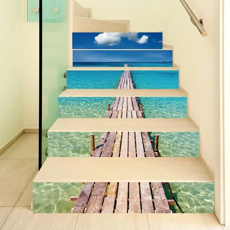 6pcs/set 3D Sea Bridge Staircase Stair Riser Floor Sticker Self Adhesive DIY Stairway Waterproof PVC Wall Decal