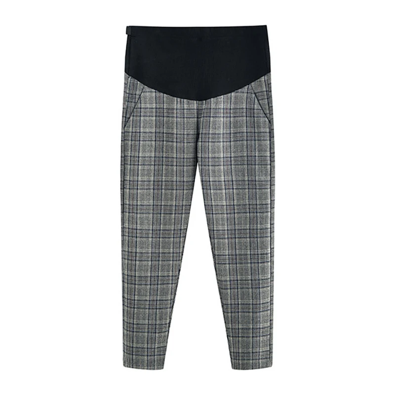 Black gray plaid Осенние и зимние регулируемые брюки для беременных с высокой талией, эластичные брюки для беременных женщин, брюки для беременных, брюки для беременных размера плюс - Цвет: Black gray plaid