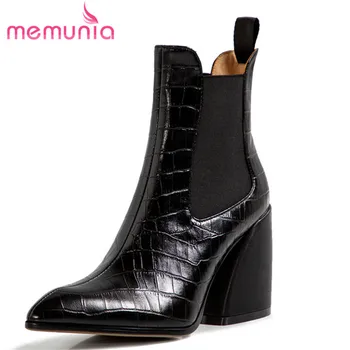 

MEMUNIA 2020 hot sale genuine leather ankle boots women high heel shoes Stone pattern pointed toe Chelsea boots woman