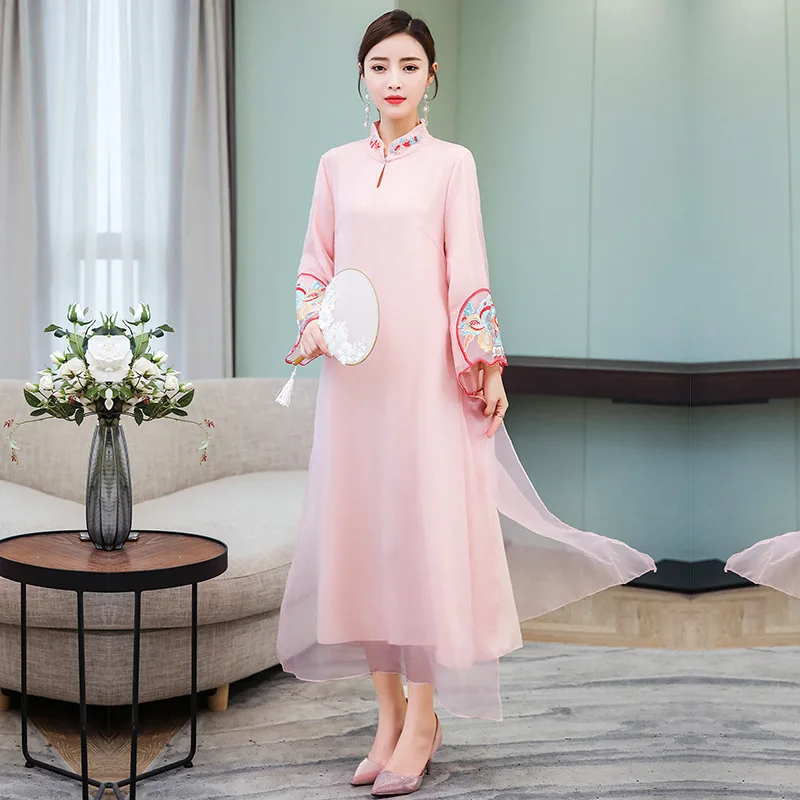 

2019 Summer New Style Chinese Style Literature And Art Large Size Dress Chinese-style Ethnic-Style Long Skirts Base Embroided Dr