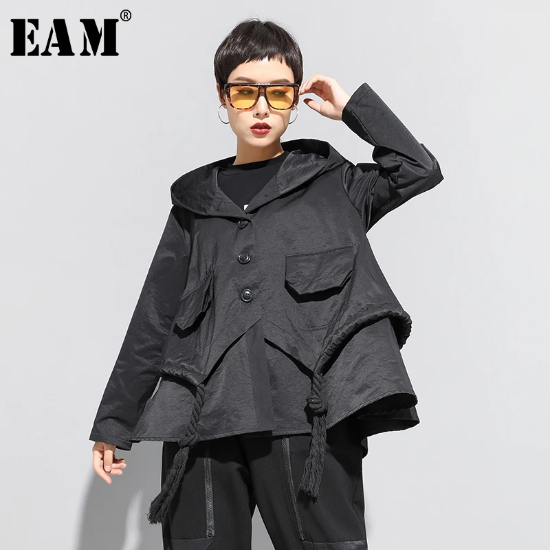lower price  [EAM] Loose Fit Black Asymmetrical Split Big Size Short Jacket New Hooded Long Sleeve Women Coat Fa