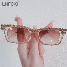 LNFCXI Fashion Rectangle Brand Design Vintage Rhinestone Sunglasses Women Men Retro Square Sun Glasses Female UV400
