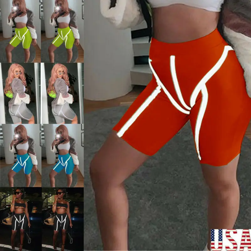 Женские Эластичные байкерские велосипедные шорты для бега летние шорты с высокой талией для тренировок фитнес Светоотражающие полосатые безопасные ночные шорты для бега