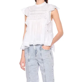 

Ruffles Sweet Lace Hollow Out Stand Collar Short Sleeve Shirt Summer Ladies Blouse