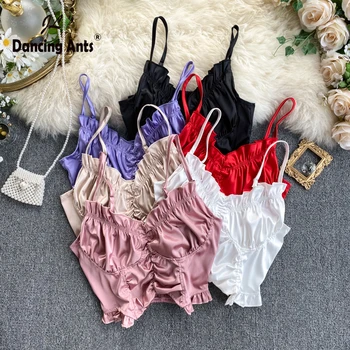

Women Top Sexy Tank Top Satin Crop Tops Strap Vest Short tee Solid Backless Slim Street Causal Woman tshirts 2020 New Fashion