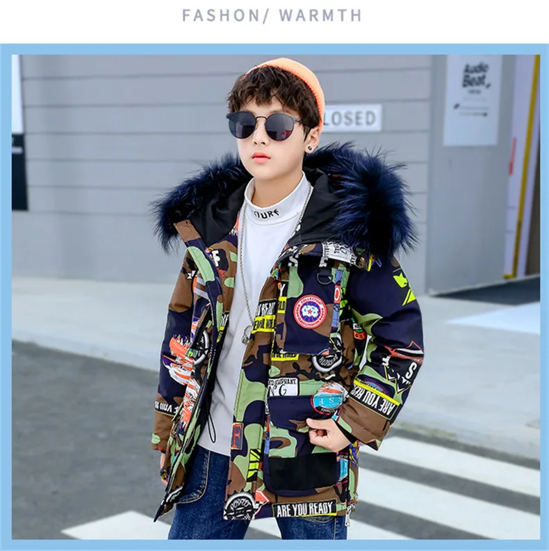 Пальто для мальчиков Одежда для подростков детская парка, верхняя одежда-30 градусов, г. Новые модные зимние детские пуховики камуфляжная одежда