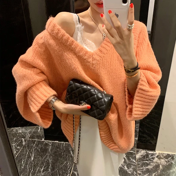 Fashion women sweater 2020 autumn and winter loose large size bat sleeves lazy V-neck | Женская одежда