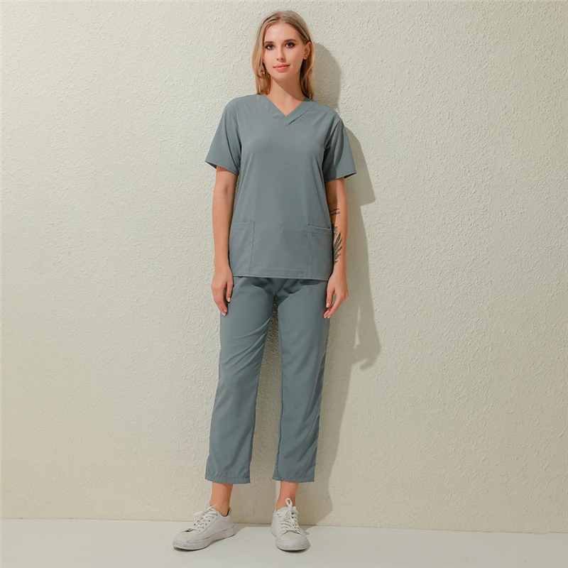 High Quality Nursing Uniforms Suit Unisex V-Neck Work Clothes Pocket  Solid Color Set Short Sleeve Tops&Trouser 2Pcs Work Set women's warm up suits