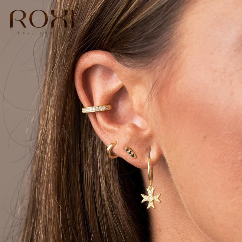 ROXI, 925 пробы, серебряные, маленькие серьги-манжеты для ушей, клипсы для женщин, не пирсинг, серьги, геометрическая форма C, серьги-манжеты