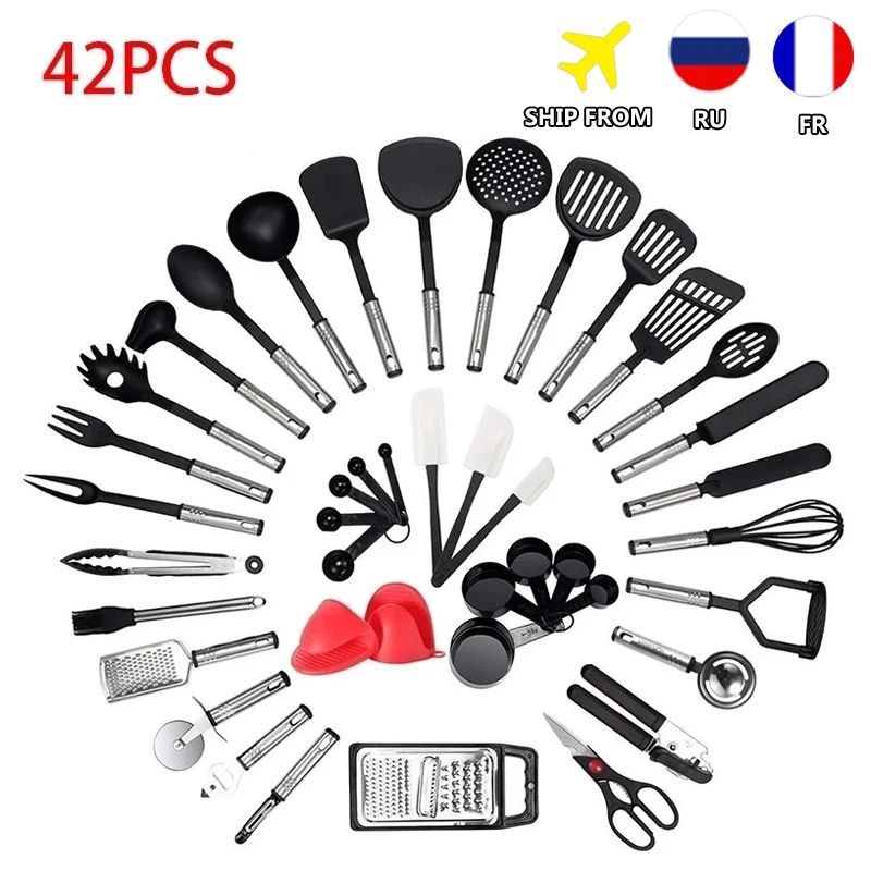 ATUCOHO Cooking Utensils Complete Tools Spoon Utensils Cookware Stainless Steel Nylon Non-Stick Spatula Set Kitchen Supplies
