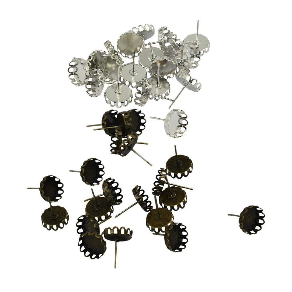 40Pcs 10mm Filigree Cabochon Ear Studs Blank Bezel Setting silver color & Bronze