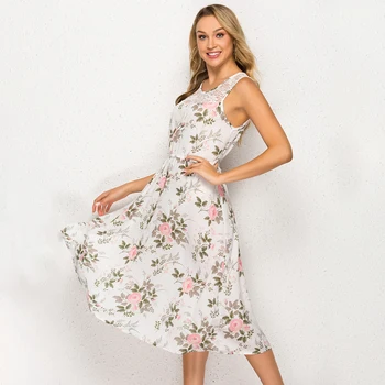 

Floral Print Summer Beach Dress Women 2019 Boho Sleeveless Sundress Grape Flower Lace Sexy Party Midi Dresses