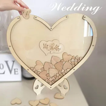 

Unique Wooden Wedding Guest Book Sign Box Customer Blessing Visitor Message Party Book For Memory Review Heart Shape