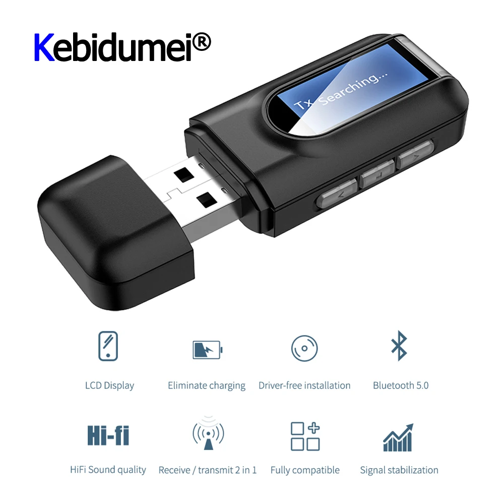 2 In 1 USB Bluetooth Adapter V5.0 Transmitter Receiver LCD Display Audio 3.5mm AUX Jack Stereo Adapter For Car PC TV Headphones bluetooth adapter