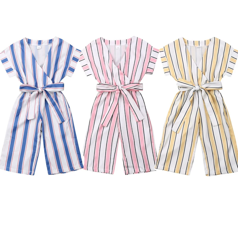

2-7Y Kids Baby Girl Short Sleeve V-neck Striped Wide Leg Overalls Romper Jumpsuit One Pieces Summer Clothes