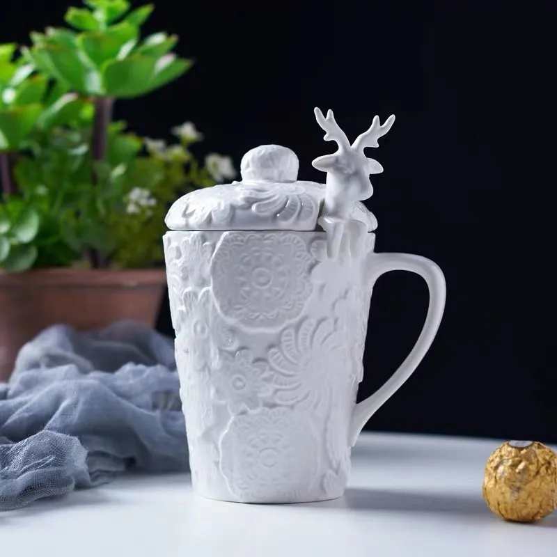 Белый фарфор Рождество 3D Лось амимальные пары кофе молочные кружки с крышкой
