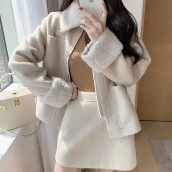 

[Longfeng quilted cotton good quality] autumn and winter lamb fur coat two-piece skirt set woolen coat